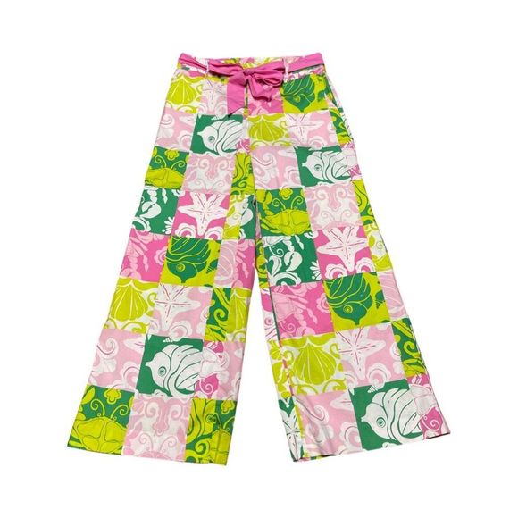 Lilly Pulitzer Womens Size 8 Wide Leg Pink & Green Paradise Patch Cotton Pants - Picture 5 of 5